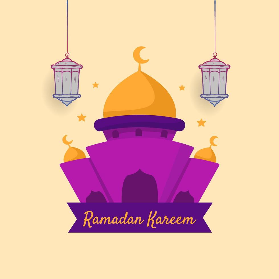 ramadan kareem illustratie met moskee en lantaarn concept. platte en handgetekende schetsstijl vector