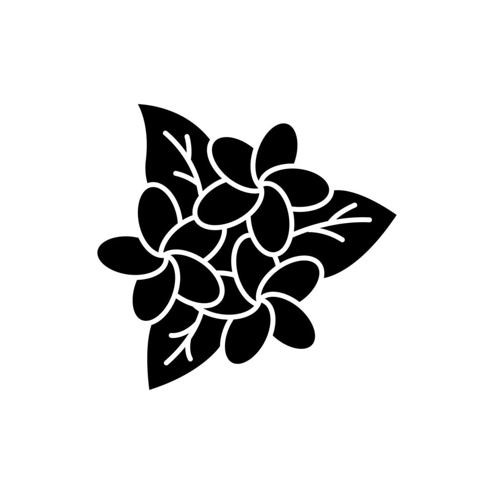 Plumeria bloeiwijze glyph icoon. exotische regio bloemen. flora van de Indonesische jungle. kleine tropische planten. bloesem van frangipani. silhouet symbool. negatieve ruimte. vector geïsoleerde illustratie