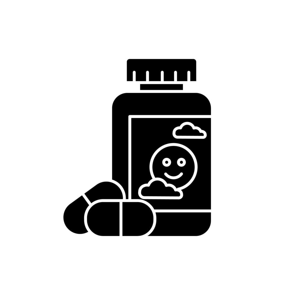 antidepressivum glyph-pictogram. depressie medicatie. pillen en medicijnen in fles. pijnstiller en supplement. placebo-product. angst helpen. silhouet symbool. negatieve ruimte. vector geïsoleerde illustratie