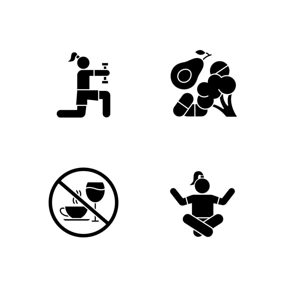 gezondheidszorg glyph pictogrammen instellen. lichaamsbeweging. vitamine-inname, groenten. alcohol, cafeïneweigering. meditatie, yoga beoefening. fitness en training. silhouet symbolen. vector geïsoleerde illustratie