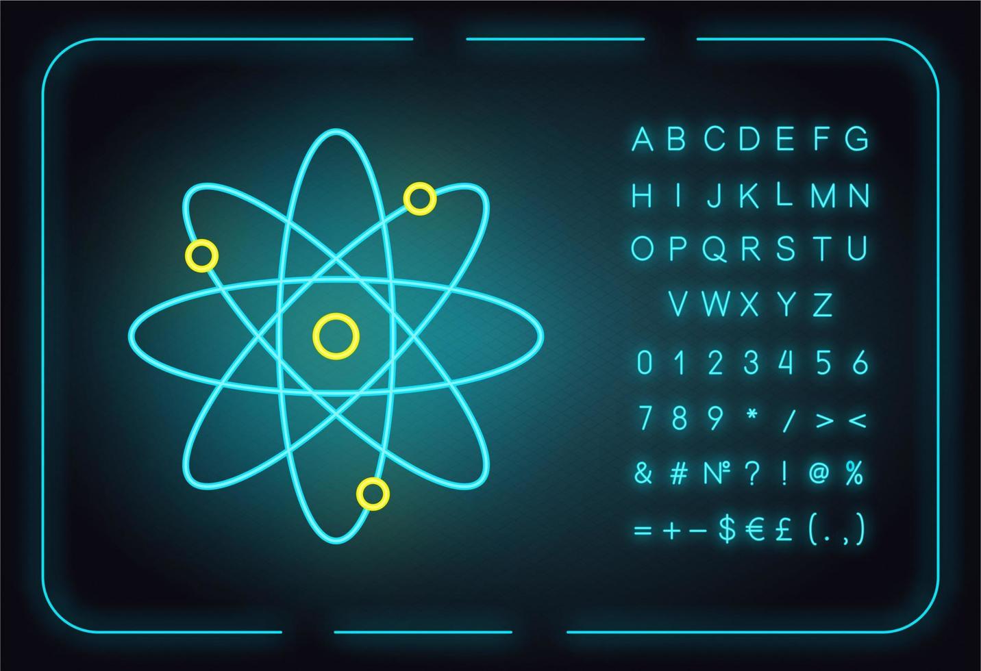 molecuul atoom neon licht icoon. nucleaire energie. atoomkern met elektronenbanen. wetenschap symbool. kwantumfysica. organische chemie. gloeiend bord met alfabet en symbolen. vector geïsoleerde illustratie