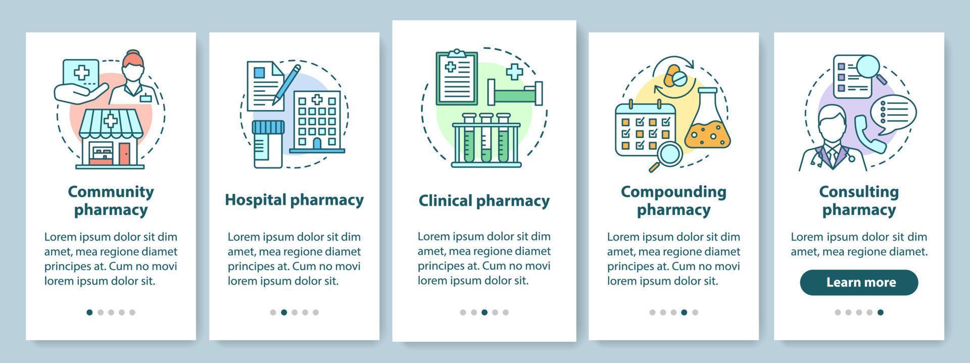 apotheektypen onboarding-paginascherm voor mobiele apps met lineaire concepten. ziekenhuis, kliniek farmacologie. vijf walkthrough stappen grafische instructies. ux, ui, gui vectorsjabloon met illustraties vector