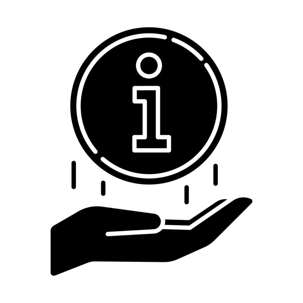 informatie-industrie glyph icoon. hand met info ronde teken. hulplijn, helpdesk. media, nieuws. informeren, zoeken, helpen. digitale gegevens. silhouet symbool. negatieve ruimte. vector geïsoleerde illustratie