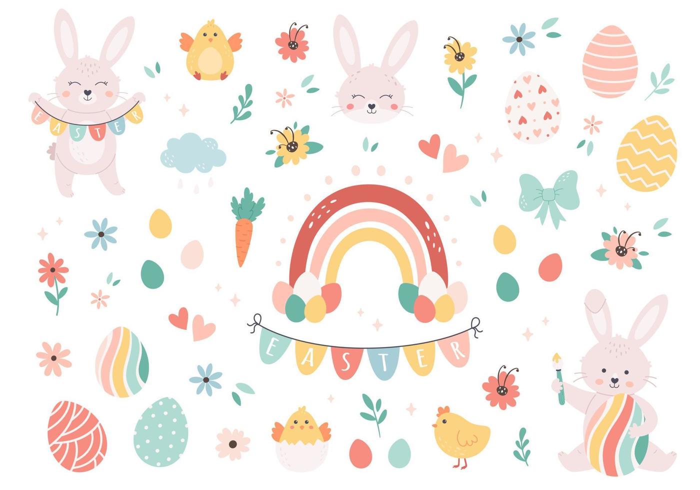 paasset met beschilderde eieren, konijnen, regenboog en kippen. hand getekend vector