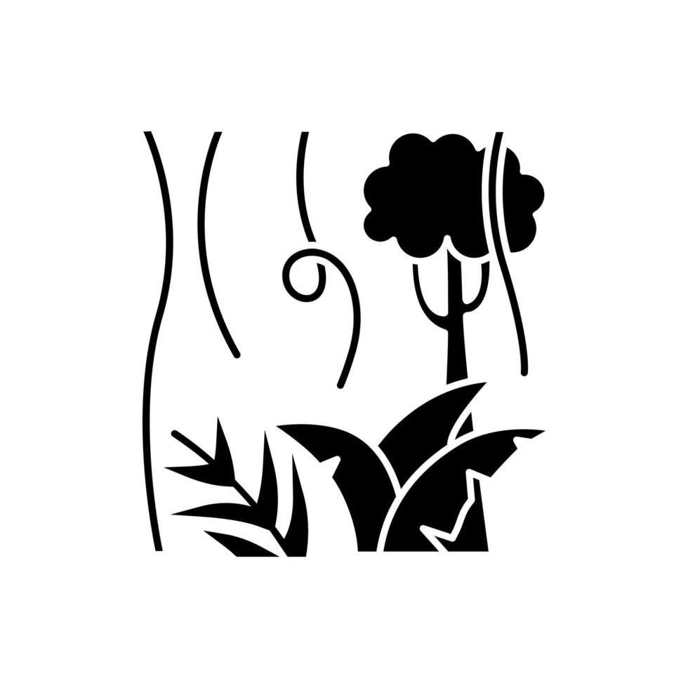 regenwoud planten en bomen glyph icoon. groenblijvende bosranken. lianen en varenblad. Indonesische jungle. ontdek tropische flora. silhouet symbool. negatieve ruimte. vector geïsoleerde illustratie