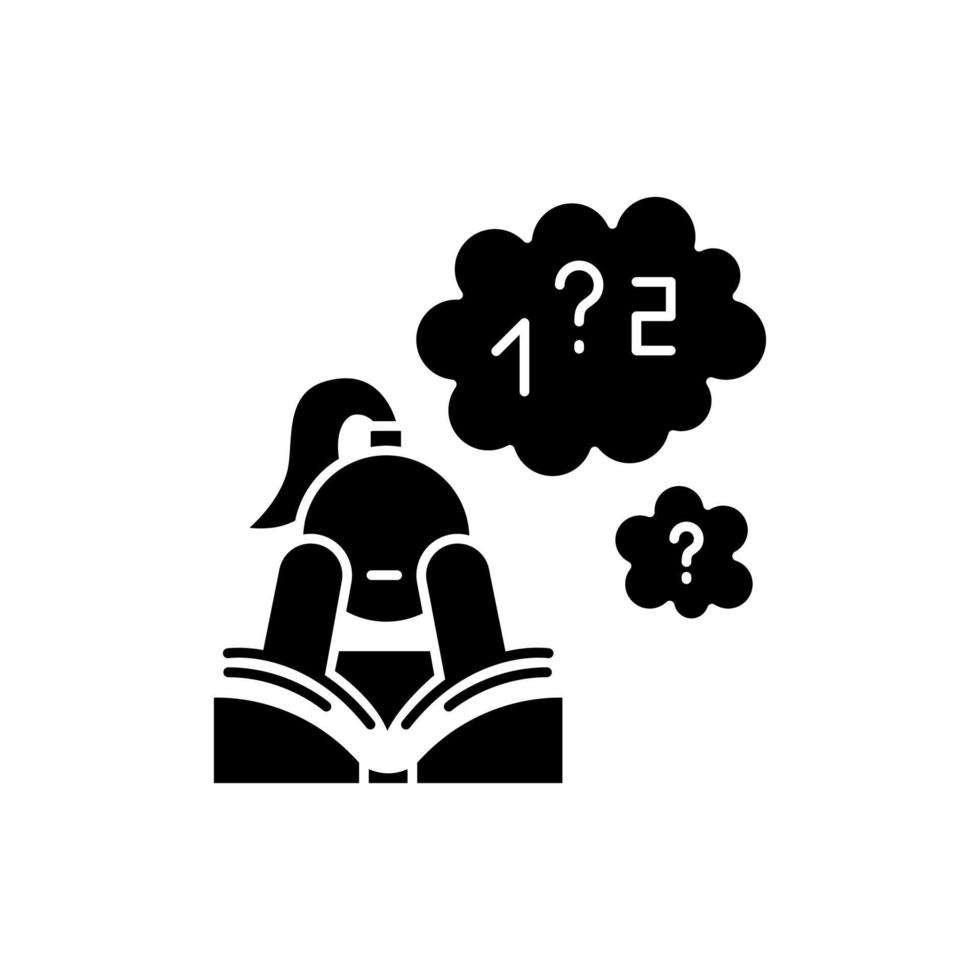 slechte concentratie glyph-pictogram. oplossen van wiskundige problemen. algebra studeren. dwalende aandacht. saai lezen. aandacht tekort. silhouet symbool. negatieve ruimte. vector geïsoleerde illustratie