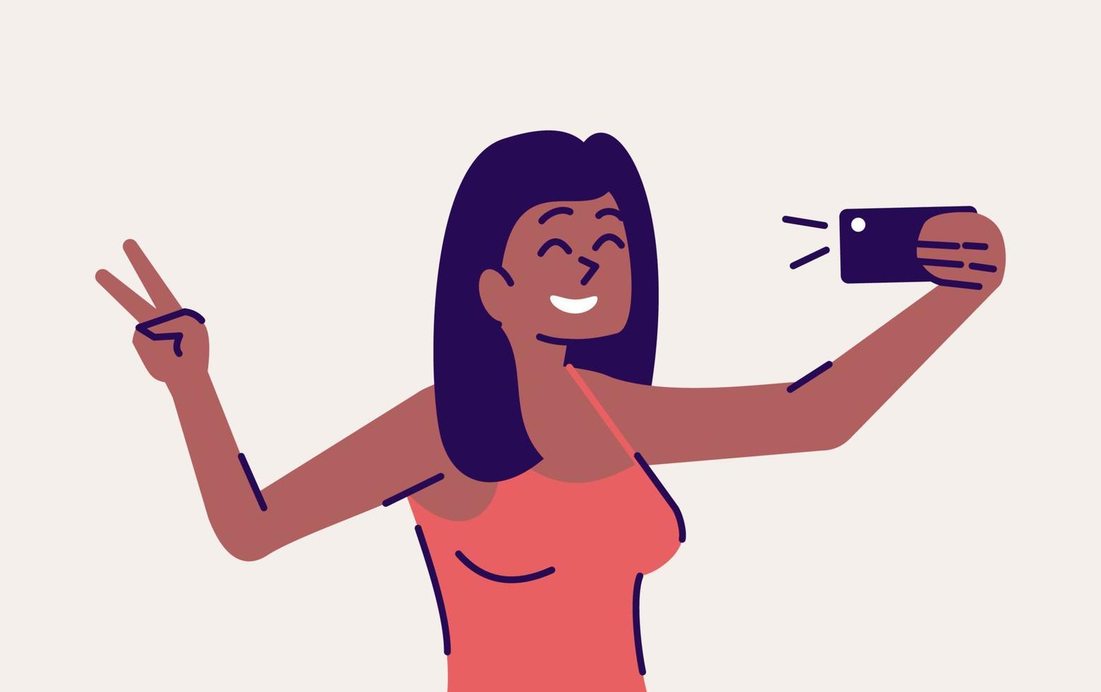 selfie pose platte vectorillustratie. gelukkige vrouw die zelffoto neemt. glimlachend meisje dat v-teken voor portret in smartphone toont. mobiele telefoon fotografie geïsoleerde stripfiguur op grijze achtergrond vector