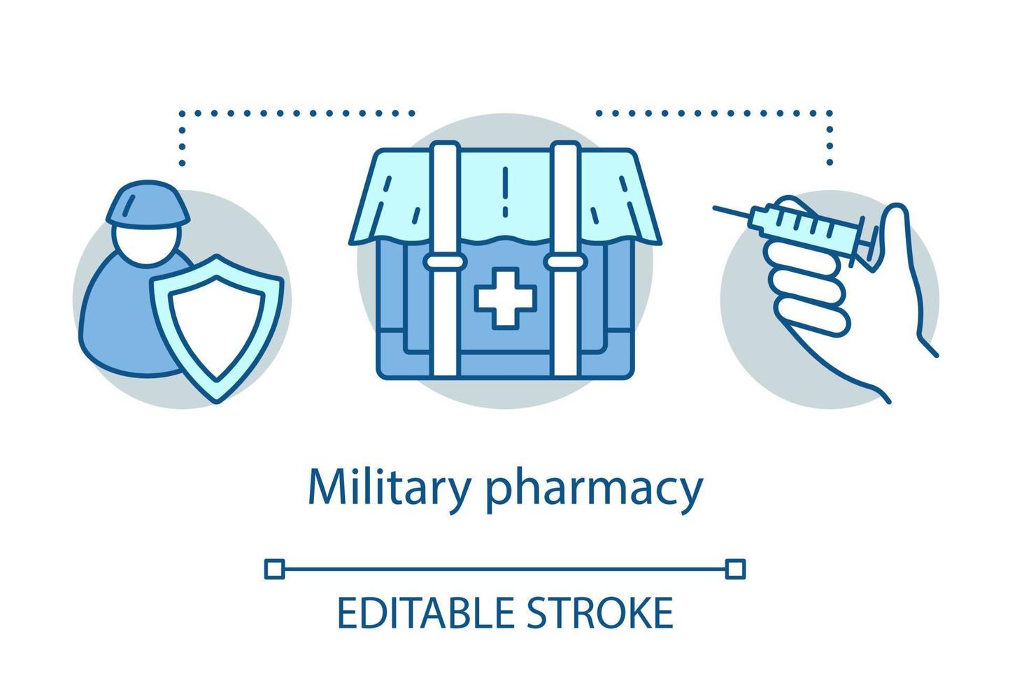 apotheek concept icoon. militaire wond en ziekte behandeling idee dunne lijn illustratie. praktische geneeskunde. gevechtszone medicijnen en medische apparatuur. vector geïsoleerde overzichtstekening. bewerkbare streek