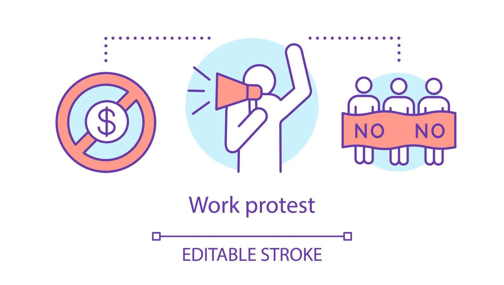 werk protest concept icoon. openbare staking, vakbond staking idee dunne lijn illustratie. salaris niet-betaling, activist met megafoon en demonstranten vector geïsoleerde overzichtstekening. bewerkbare streek