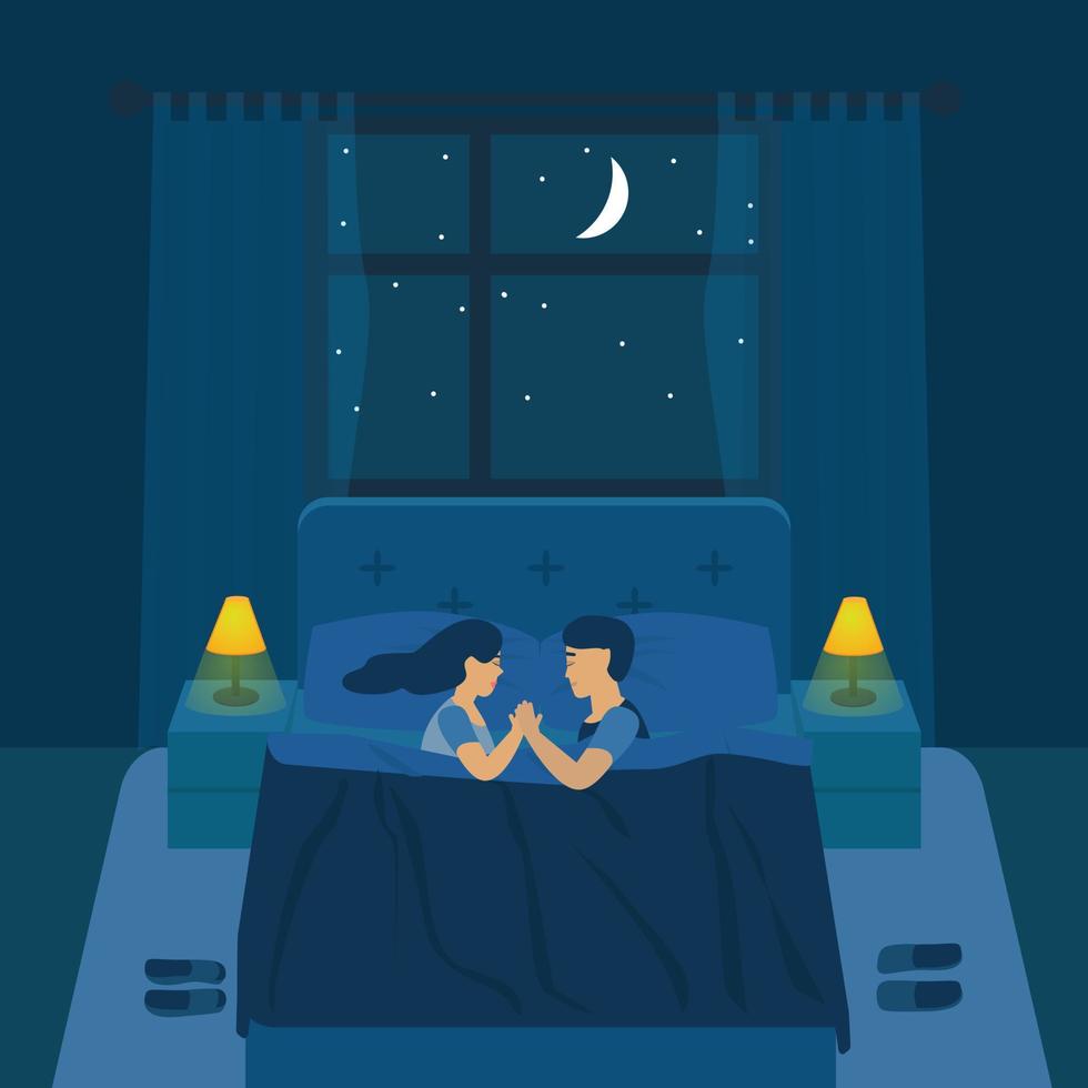 paar op het bed in de slaapkamer 's nachts vectorillustratie vector