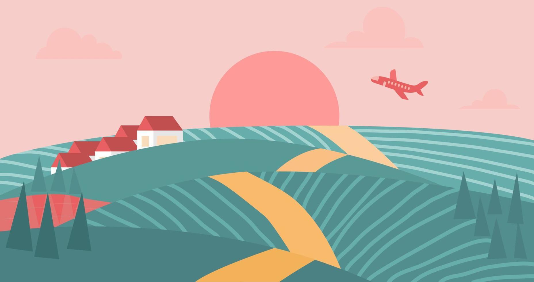 landschap in de vroege ochtend met groene velden, rode zon en vliegtuig in de lucht vector