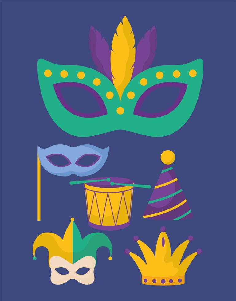 zes mardi gras-pictogrammen vector