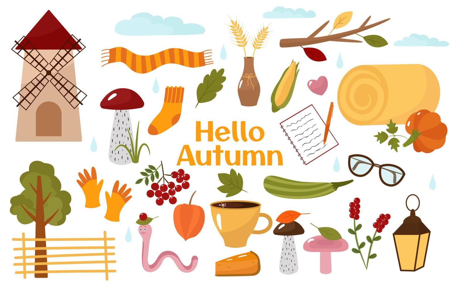 gezellige collectie, hallo herfst. cartoon foto's pompoen, molen, champignons, koffie, hooi, tarwe, hout, sokken, sjaal. vectorillustratie. voor ontwerp of decoratie vector