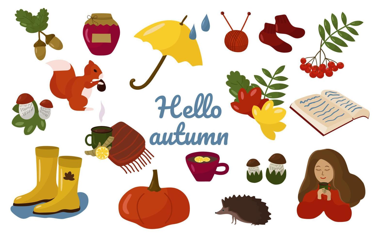 Hallo herfst. een reeks elementen op een herfstthema eikels, lijsterbes, eekhoorn, egel, breiwerk, pompoen, laarzen, bladeren. vector