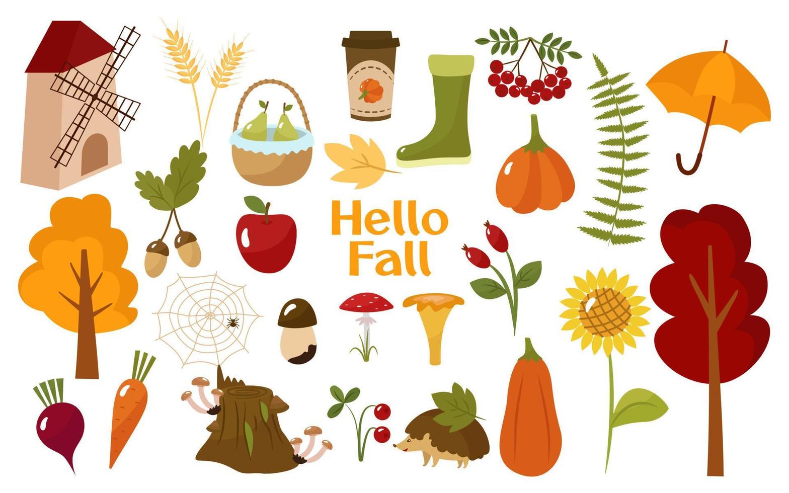 herfst gezellige collectie, hallo herfst. cartoon foto's pompoen, molen, paddenstoelen, latte, mand, laarzen, boom, spinnenweb. vectorillustratie geïsoleerd. voor ontwerp of decoratie vector