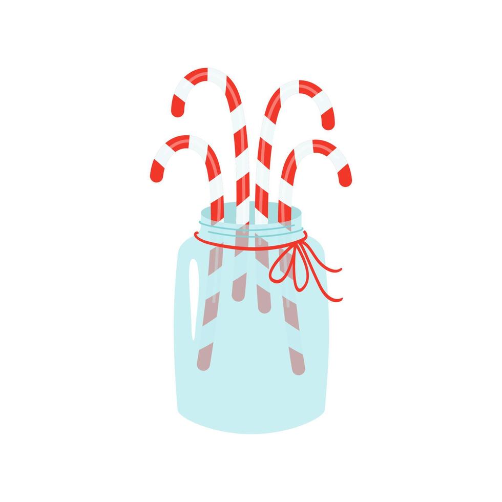 lolly's stok in rode en witte strepen in een glazen pot, met rode vlecht. vectorkerstmisillustratie van snoep, zoetwaren vector