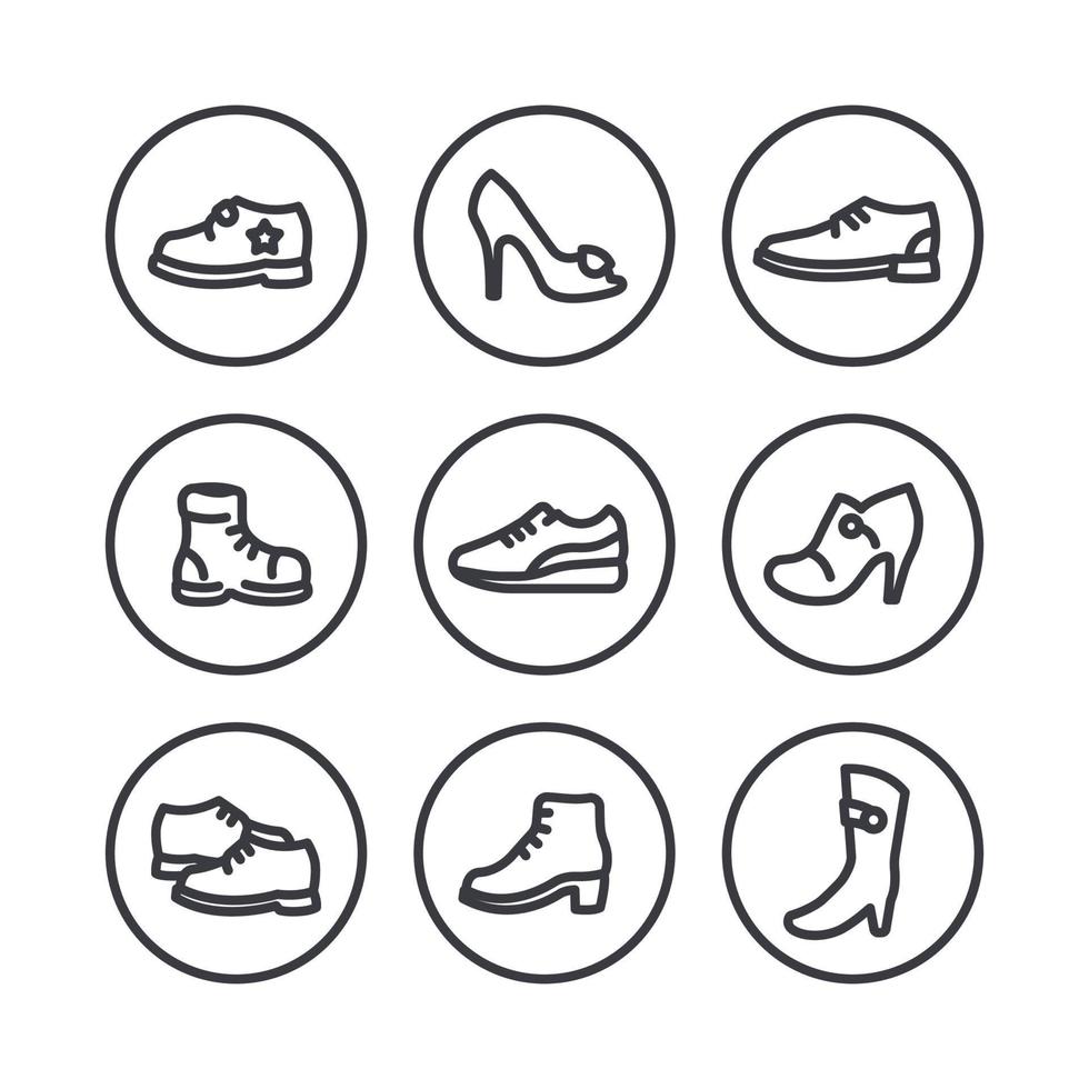 schoenen pictogrammen, hakken, laarzen, sportschoenen, trainers dikke lijn pictogrammen in cirkels, vectorillustratie vector