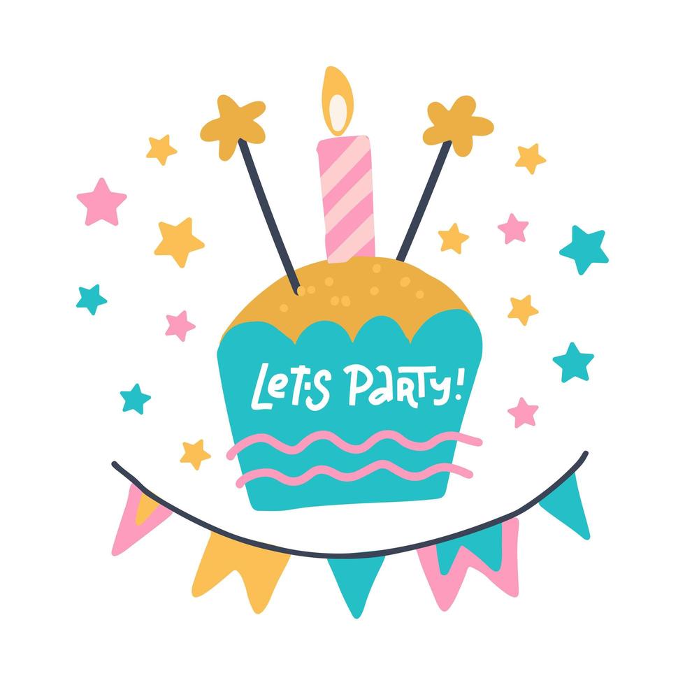 verjaardagsfeestje platte hand getekende illustratie. laat partij handkalligrafie. doodle b-day cake met brandende kaars tekening. eenjarig jubileumfeest. roze meisjesachtige wenskaart met belettering vector