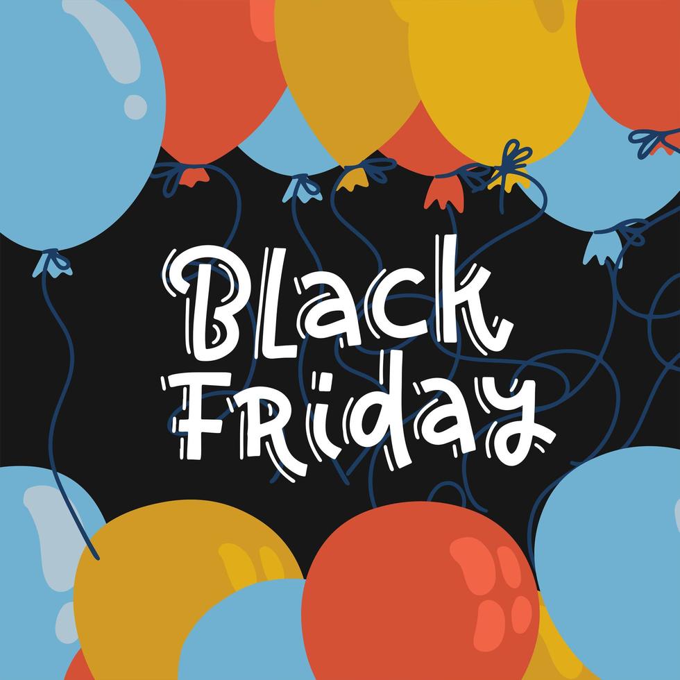 kleurrijke ballonnen op zwarte achtergrond, super sale conceptontwerp voor black friday sale banner. trendy handgetekende belettering illustratie. vector