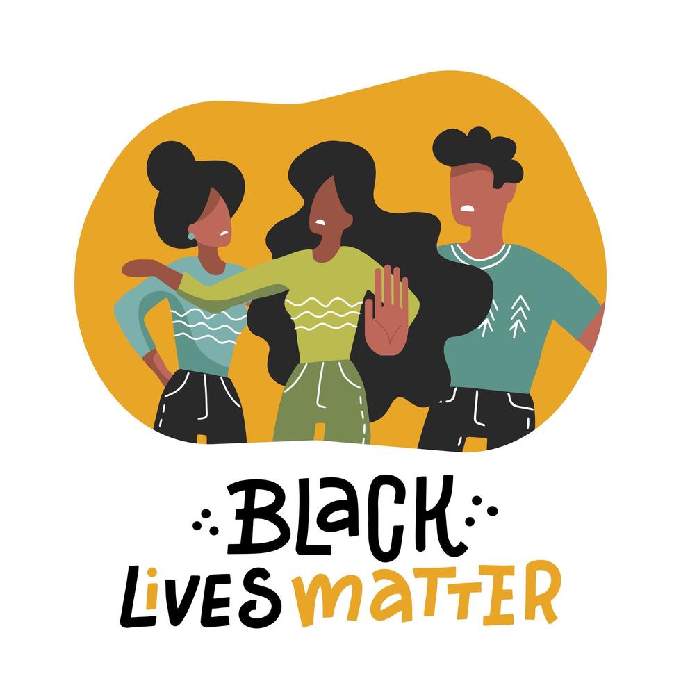 zwarte levens materie concept. jonge Afro-Amerikaanse activisten tegen racisme. idee van demonstratie voor rassengelijkheid. geïsoleerde platte vectorillustratie met belettering. vector