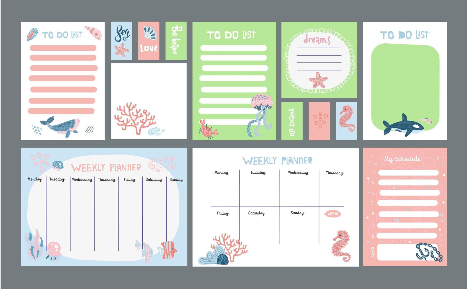 grote set pastelplanner met schattige illustraties van het zeeleven. dienstregelingen en takenlijsten met eenvoudige scandinavische walvis- en viskarakters en trendy letters. vectorsjabloon voor agenda, planners vector