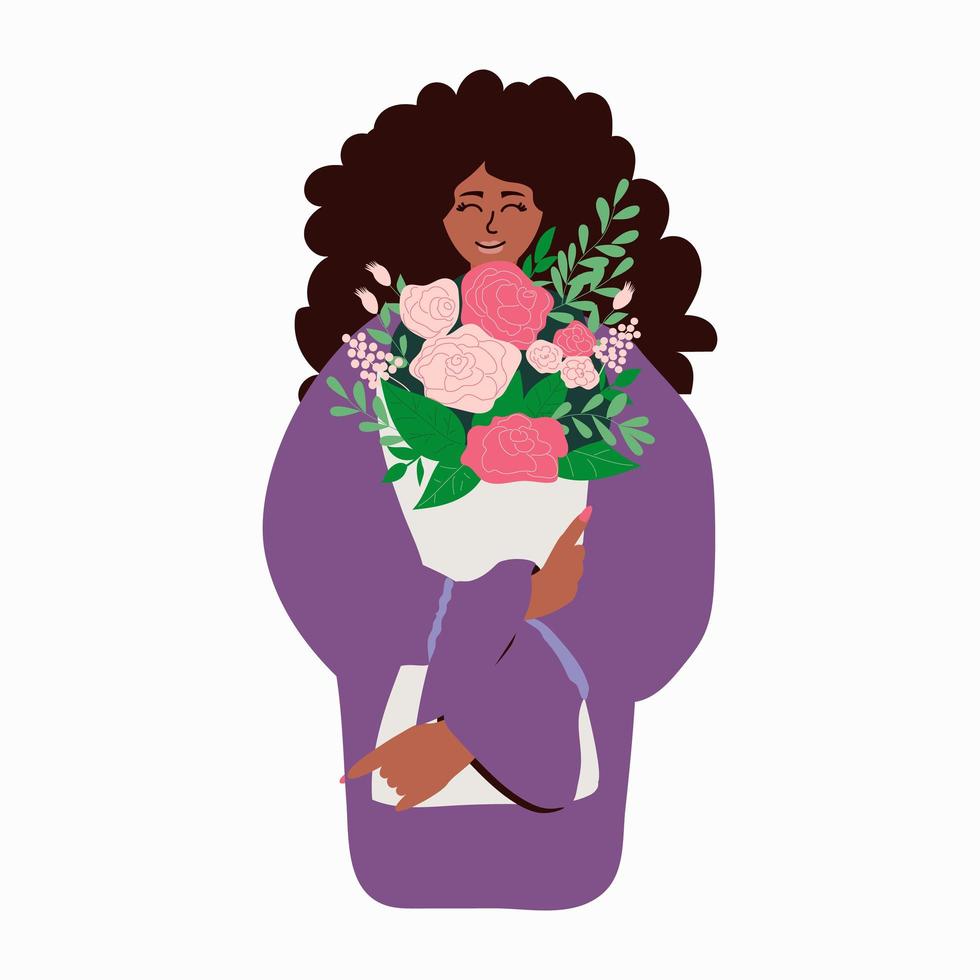 mooie zwarte vrouw of een Afro-Amerikaanse vrouw heeft een boeket lentebloemen in haar handen vector