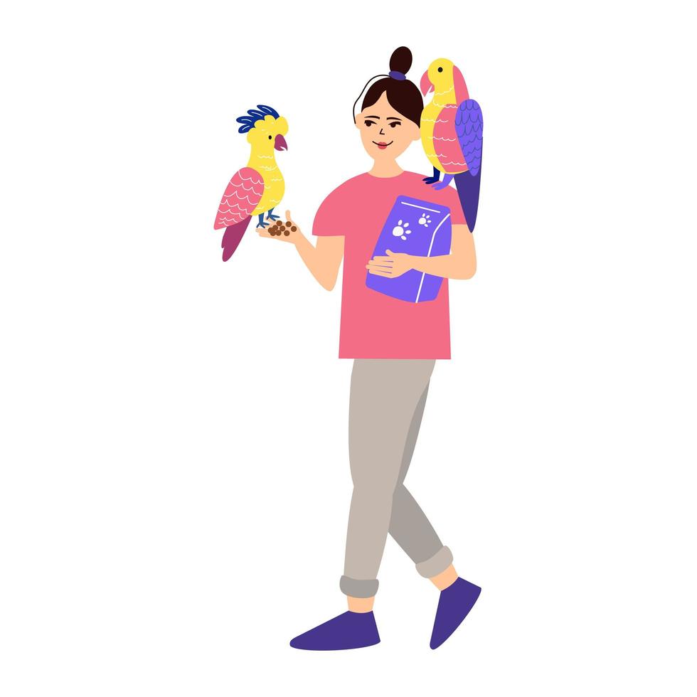 portret van een vrouw met twee papegaaien en papegaaienvoer. een mooie vrouw is een stripfiguur met een exotische vogel. liefde en zorg voor huisdieren. kleurrijke vectorillustratie in een platte cartoonstijl vector