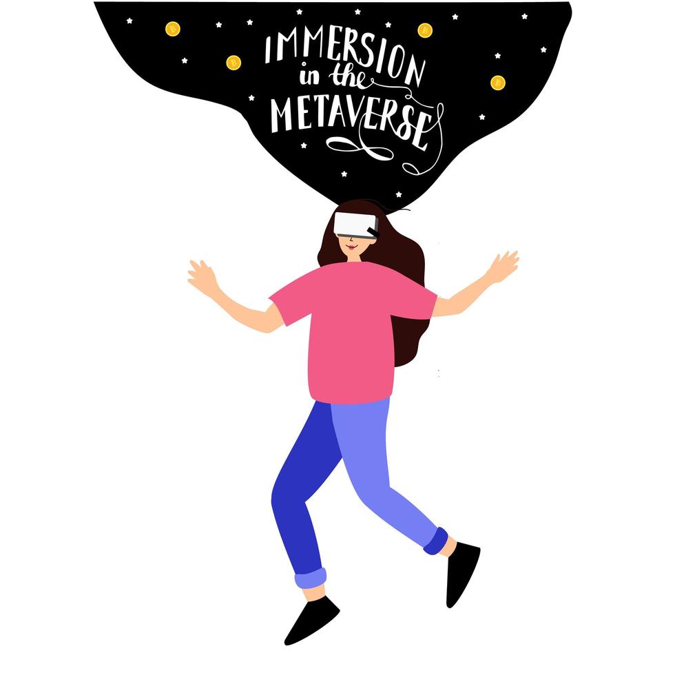 metaverse digitale virtual reality-technologie van een vrouw met een bril en een headset vr verbonden met de virtuele ruimte. onderdompeling in de metaverse ettering vector