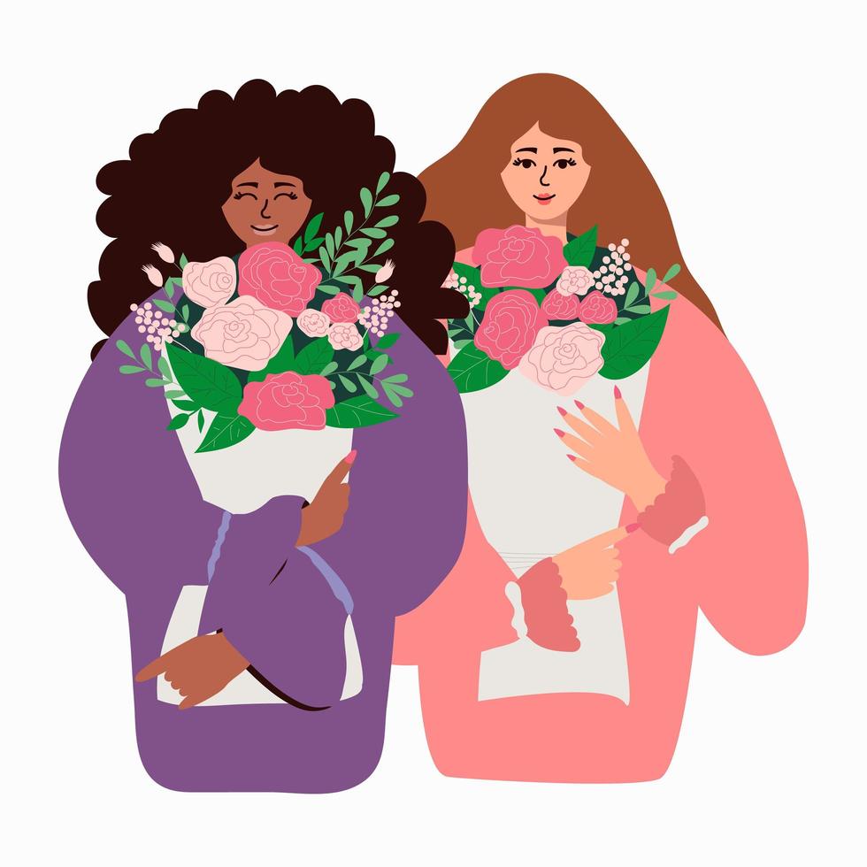 internationale Vrouwendag. vectorillustratie met vrouwen van verschillende nationaliteiten en culturen met boeketten bloemen. vectorillustratie. vector