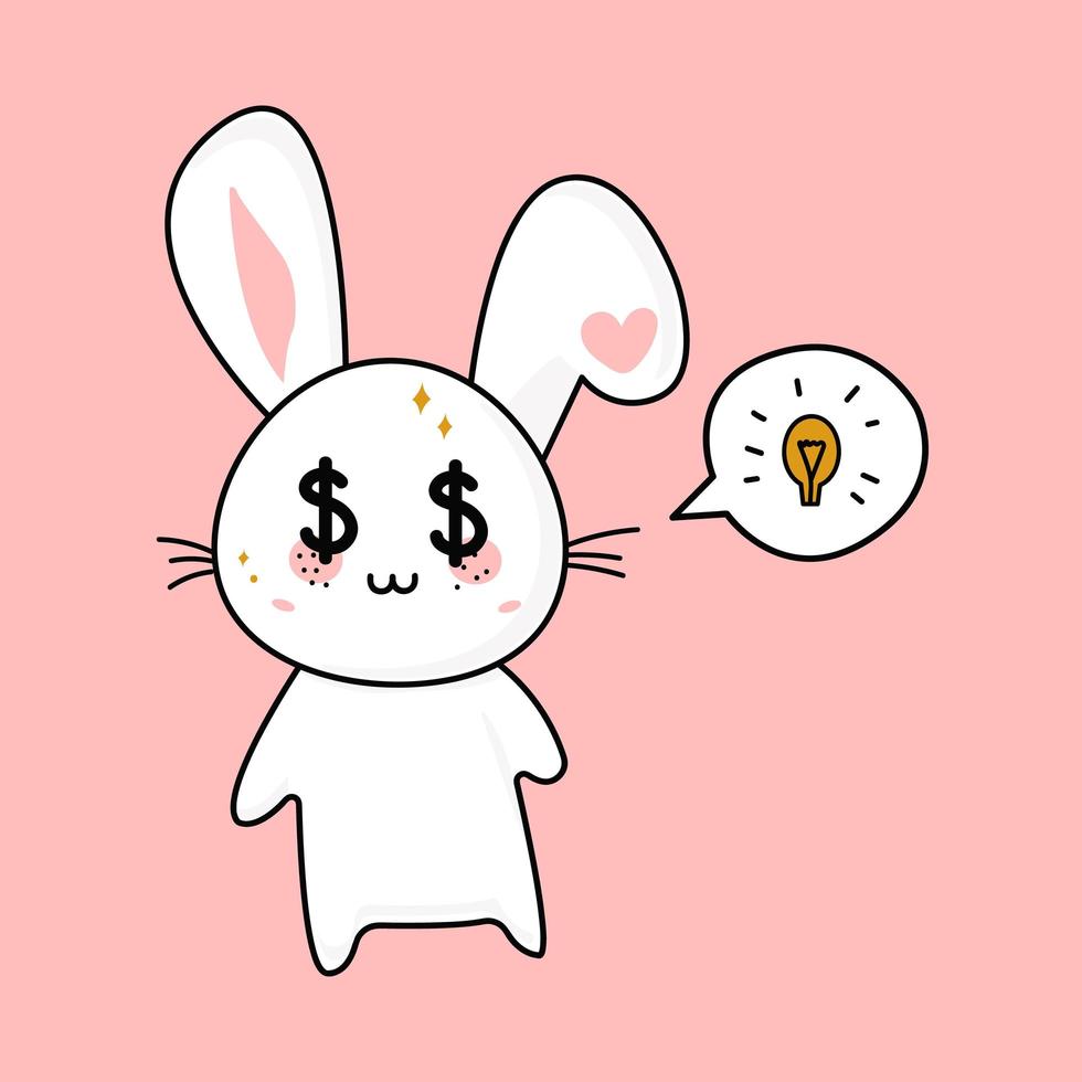 schattig kawaii konijn en een nieuw idee van gedachten verlicht, een gloeilamp, geld in zijn ogen. het concept van het idee van geld. vectorillustratie van kawaii. vector