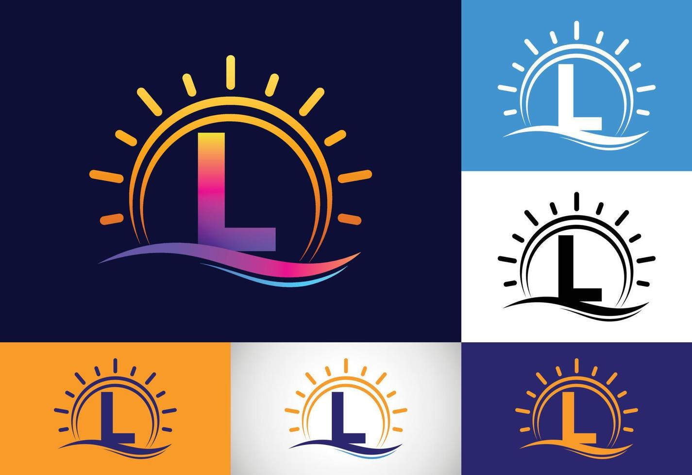 eerste l monogram alfabet met abstracte zon en golf. oceaan zon logo ontwerp. lettertype embleem vector