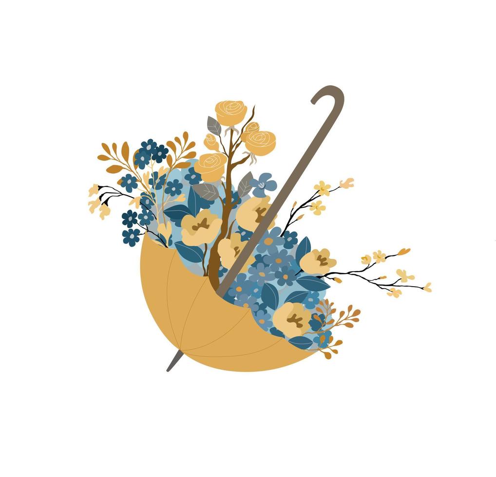 vectorillustratie van mooie bloem samenstelling. wilde bloemenboeket en paraplu. geïsoleerd. beperkt kleurenpalet. trendy bloemen hand getekende illustratie. decoreren. vector