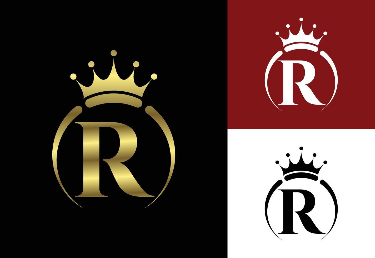 aanvankelijk r-monogramalfabet met een kroon. koninklijk, koning, koningin luxe symbool. lettertype embleem. vector