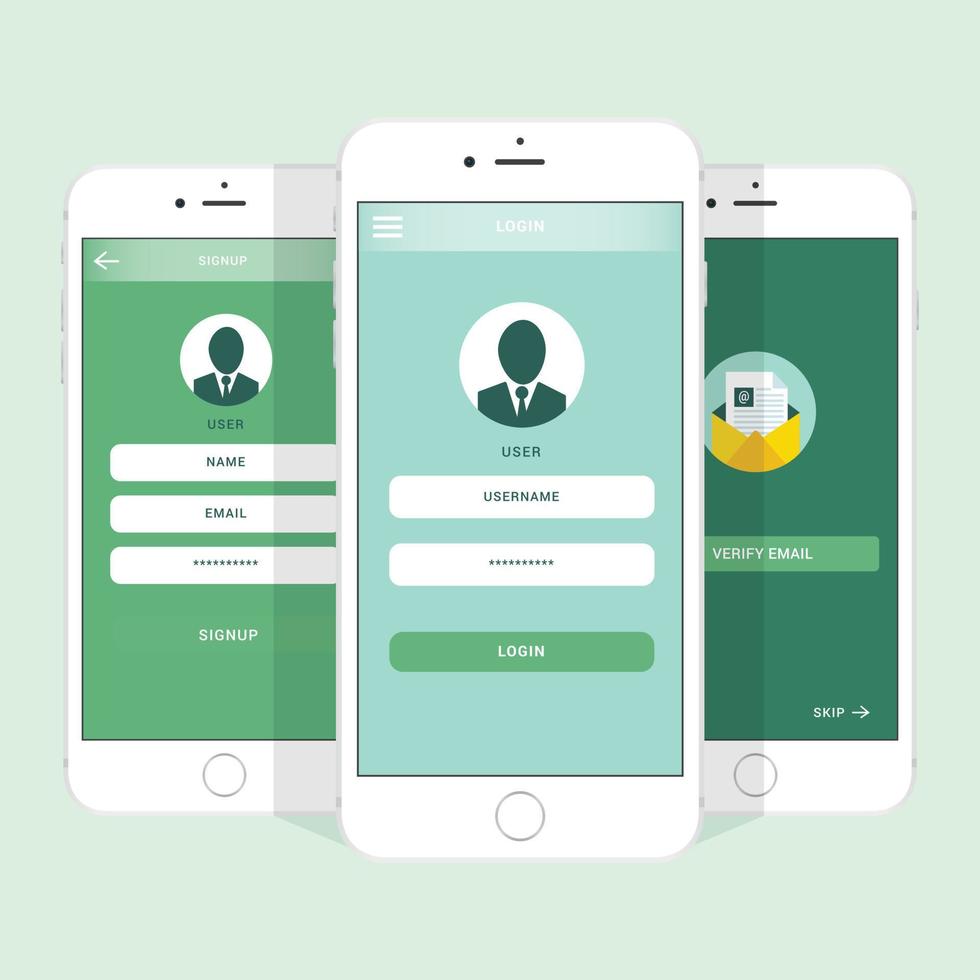 set van mobiele login, meld je aan voor plat ui-ontwerp vector