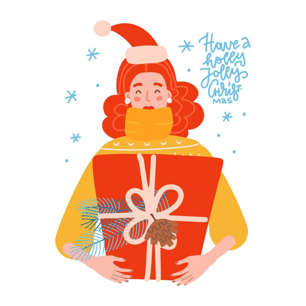 portret van gelukkige vrouw knuffelt een grote geschenkdoos met een grote strik. kerstcadeau concept. platte vectorillustratie geïsoleerd op wit wit belettering citaat - hebben een holly jolly christmas. vector