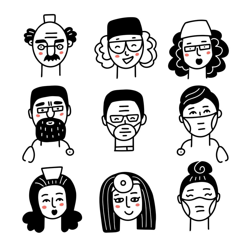 arts en verpleegkundige gezichten doodle pictogrammen instellen. medisch personeel zwarte lineaire avatars op witte achtergrond. vector hand getekende illustratie