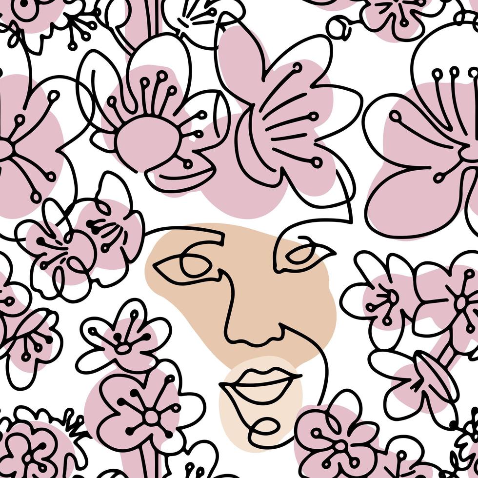 hedendaagse mode naadloze patroon. één lijn continu vrouwengezicht tussen roze bloemen en abstracte vormen. textuur voor textiel, verpakking, inpakpapier enz. lineaire vectorillustratie. vector