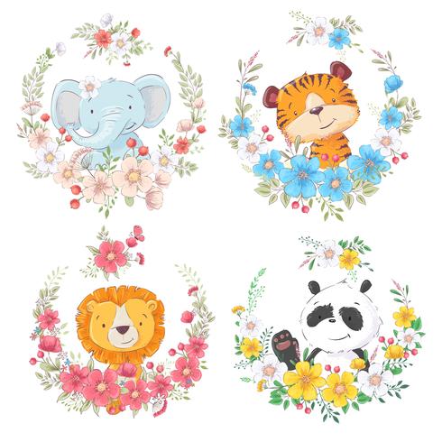 Set van cartoon schattige dieren olifant tijger leeuw en panda in bloemkransen voor kinderen clipart. vector