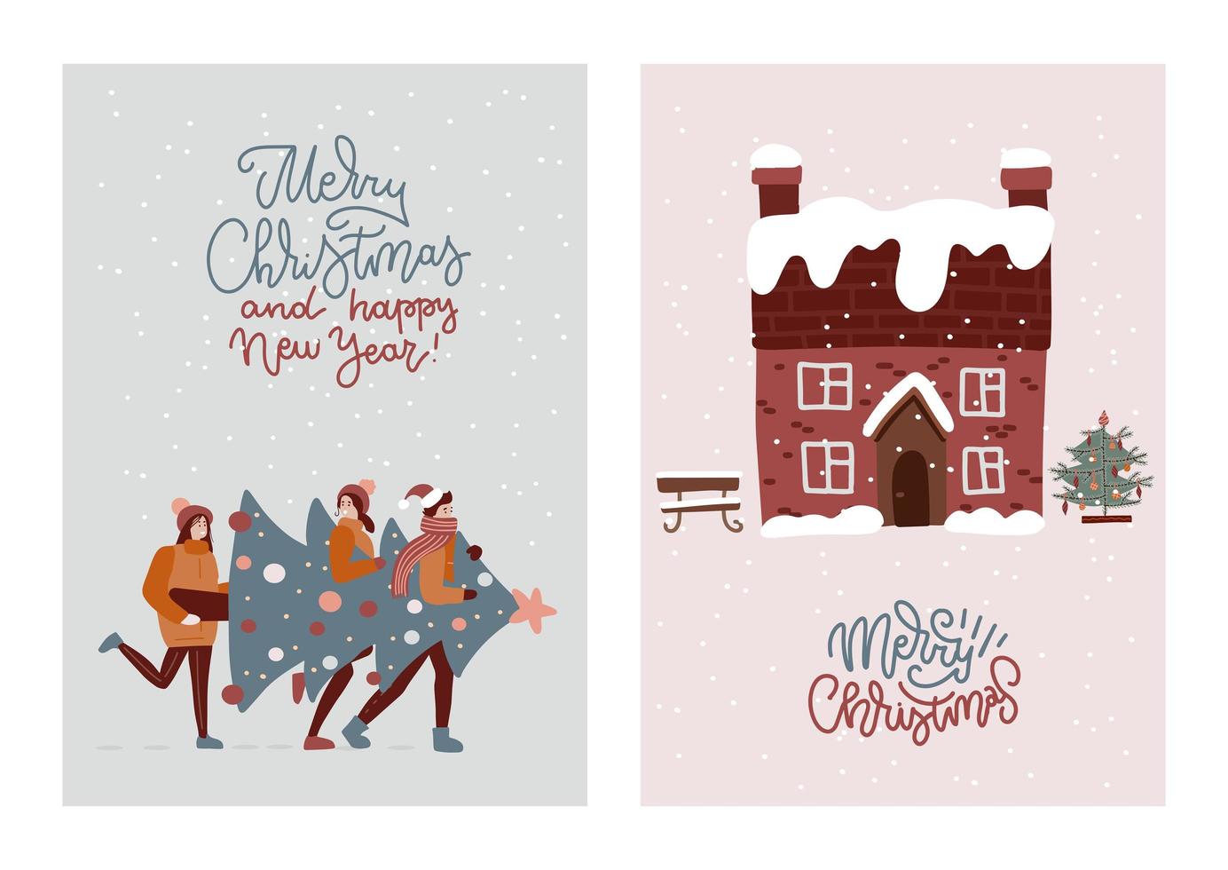 set vrolijke kerstkaarten met schattig scandinavisch huis en vrienden met kerstboom. sjabloon voor nieuwjaar, cadeaulabel, kalender, planner, uitnodigingen, posters. platte vectorillustratie. vector