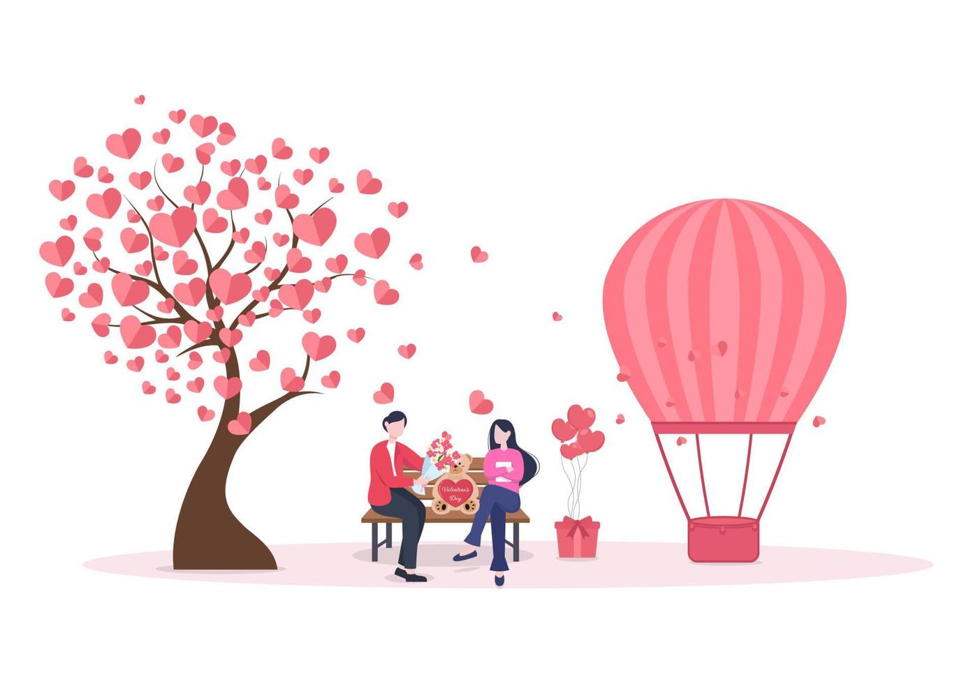 gelukkige Valentijnsdag platte ontwerp illustratie die wordt herdacht op 17 februari met teddybeer, luchtballon en cadeau voor liefde wenskaart vector