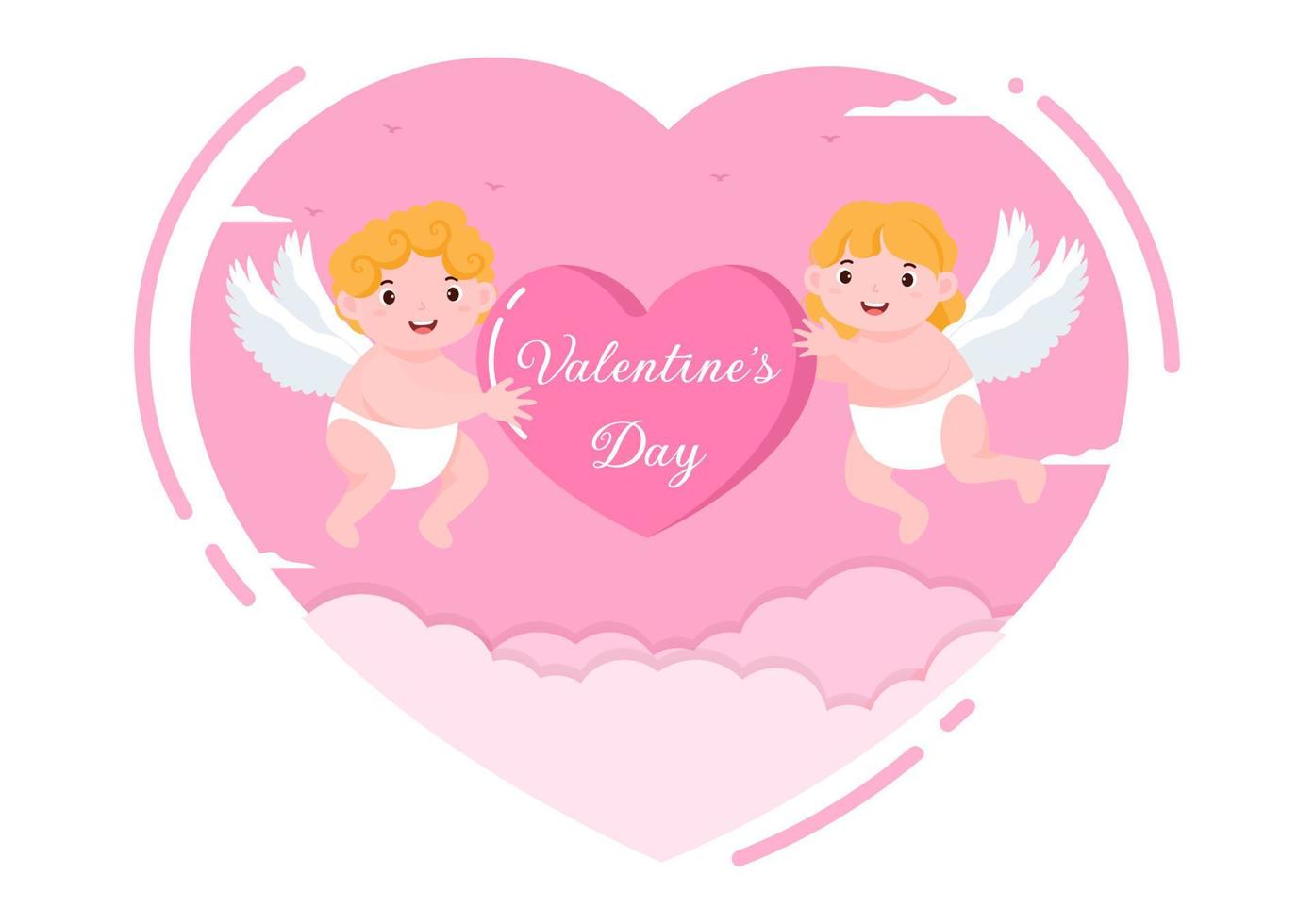 gelukkige Valentijnsdag platte ontwerp illustratie die wordt herdacht op 17 februari met schattige cupido, engelen op wolken voor liefde wenskaart vector