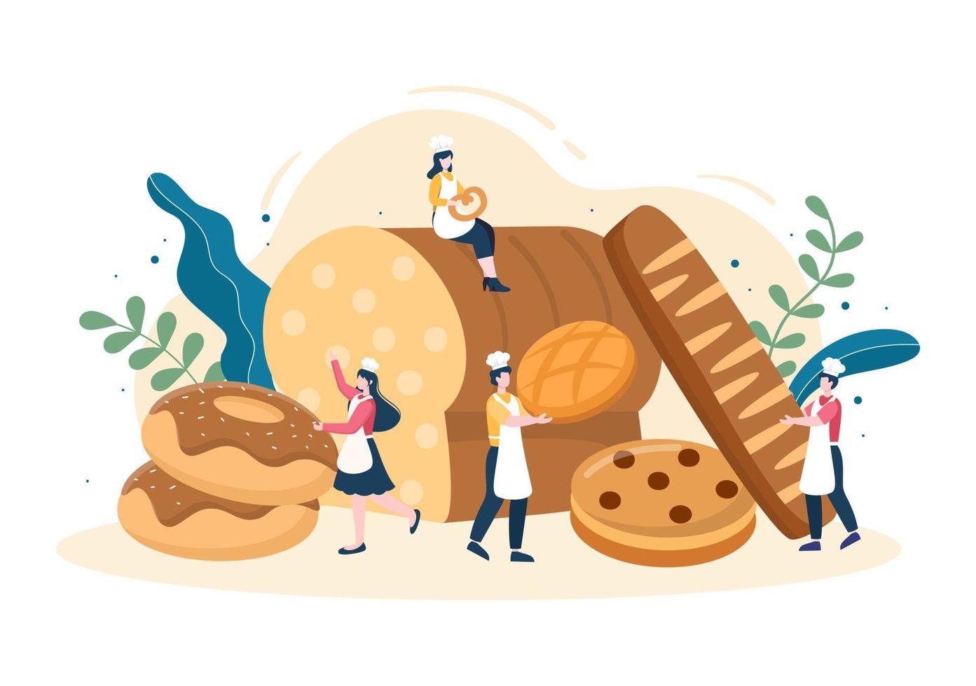 bakkerijwinkel die verschillende soorten brood verkoopt, zoals wit brood, gebak en andere, allemaal gebakken op een platte achtergrond voor posterillustratie vector