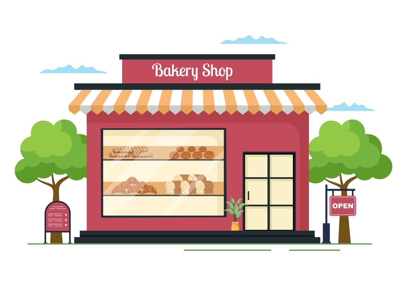 bakkerijwinkelgebouw dat verschillende soorten brood verkoopt, zoals wit brood, gebak en andere, allemaal gebakken op een platte achtergrond voor posterillustratie vector