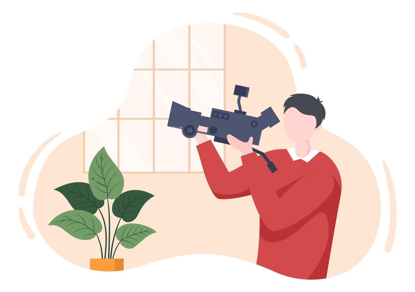 filmstudio met teammensen van de cameraploeg, directeur, lichten, microfoon op scène-opnamelocatie voor het maken van film in platte ontwerpachtergrondillustratie vector