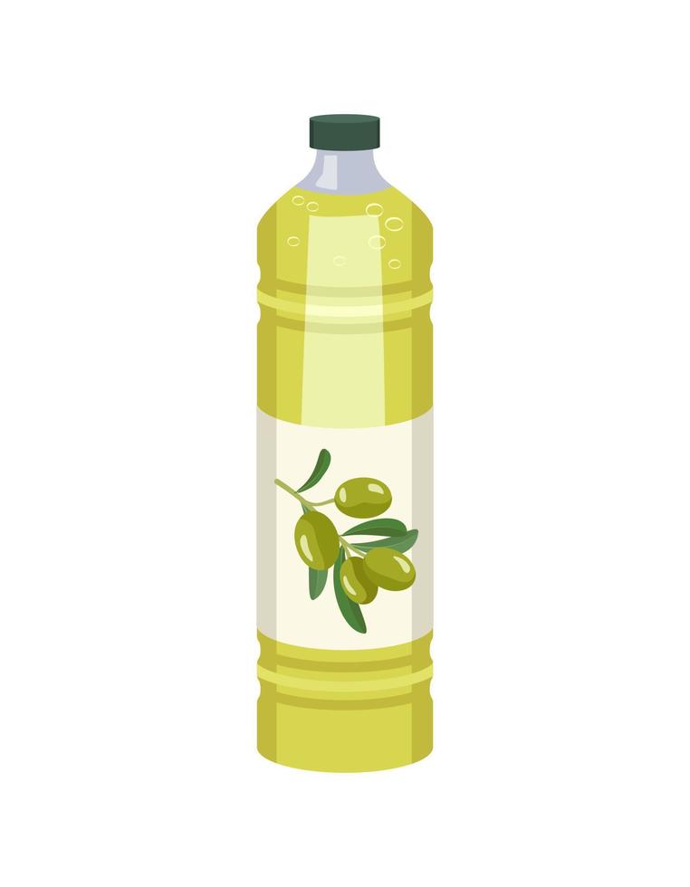 fles olijfolie. plastic transparante verpakking met gele vloeistof. bron van vitamines, saladedressing. platte vectorillustratie vector