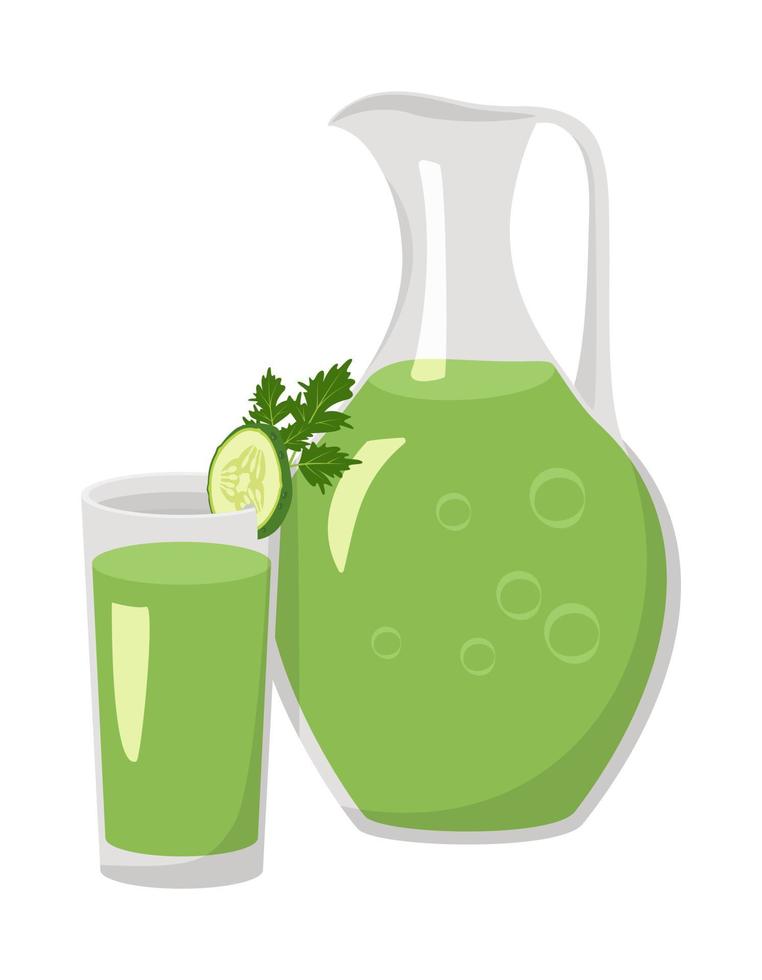 kruik en glas met groen gezond komkommersap, gewichtsverliesdrank met antioxidanten. heerlijke gezonde drank en product. platte vectorillustratie voedsel vector