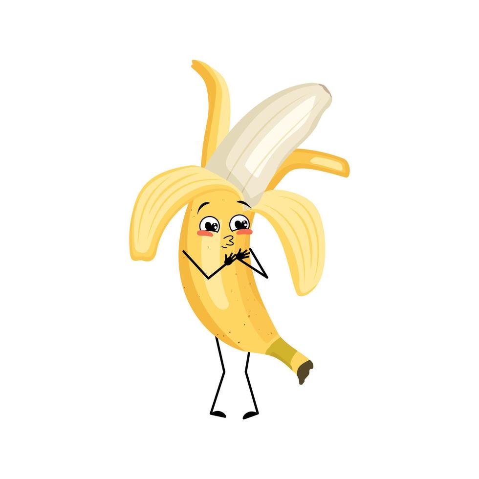 bananenkarakter met liefdeemoties, glimlachgezicht, armen en benen. persoon met gelukkige uitdrukking, tropisch fruit emoticon. platte vectorillustratie vector