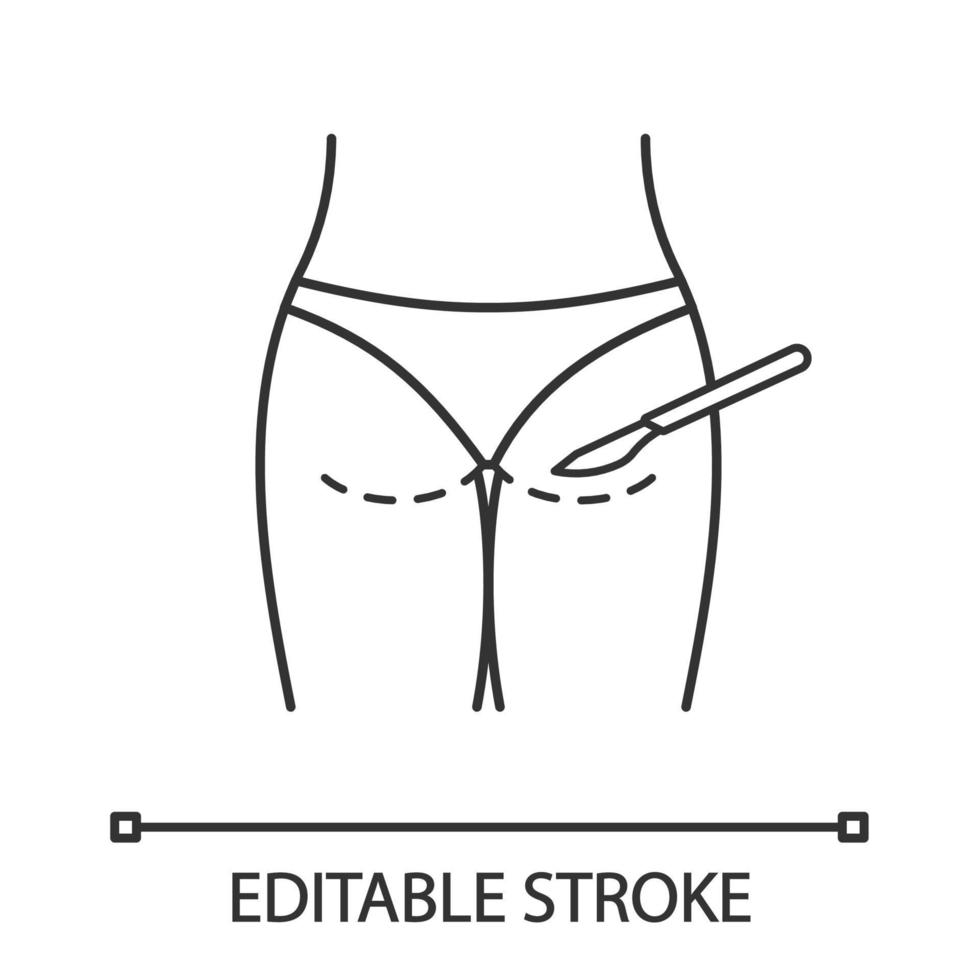 gluteoplastiek lineaire pictogram. bilvergroting en liposuctie. dunne lijn illustratie. billift operatie. plastische chirurgie. contour symbool. vector geïsoleerde overzichtstekening. bewerkbare streek