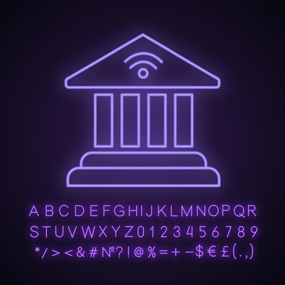 neonlichtpictogram voor online bankieren. saldo op de rekening. e-betaling. bank gebouw. gloeiend bord met alfabet, cijfers en symbolen. vector geïsoleerde illustratie