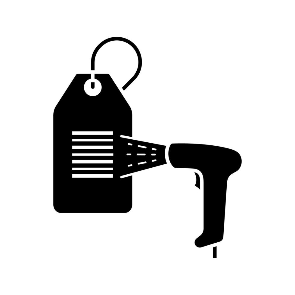 barcodelezer scannen hang tag glyph-pictogram. winkel prijsetiket scannen met barcodelezer. winkelcentrum etiketten lezen. lineaire barcodescanner. negatieve ruimte. vector geïsoleerde illustratie